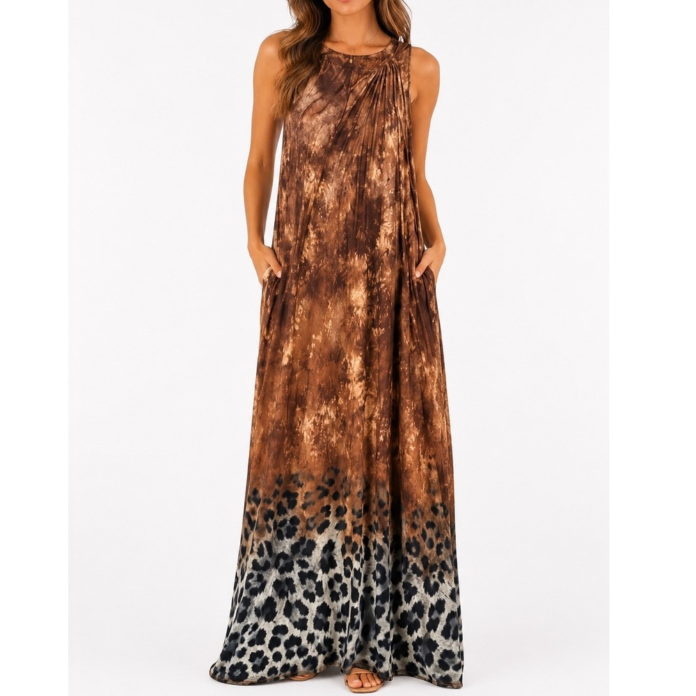 Womens Brown Tie‎ Dye Leopard Print Sleeveless Maxi Dress Pleated Neckline Boho